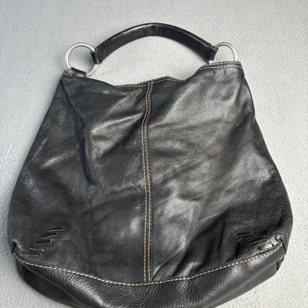Lucky Brand Vintage Inspired Black Pebbled Leather Hobo Bag Whipstitch Detail - Picture 5 of 13
